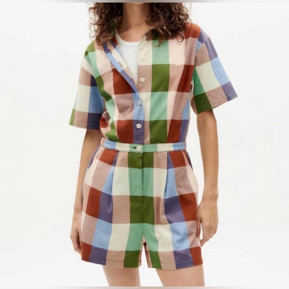 Thinking Mu Colorful Plaid Button-Up Romper